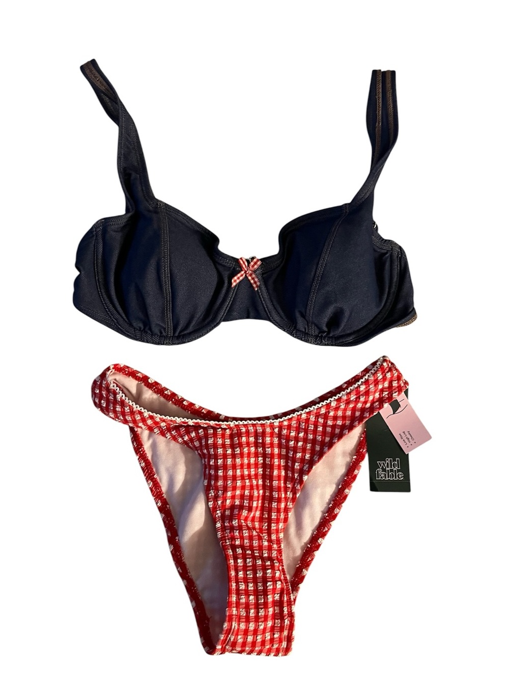 Wild Fable Two-Piece Bikini Set - Blue Jean Top & Red Gingham Bottom